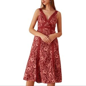 KEEPSAKE The Label Holder Lace Midi Dress Pink Red Lace Dressy